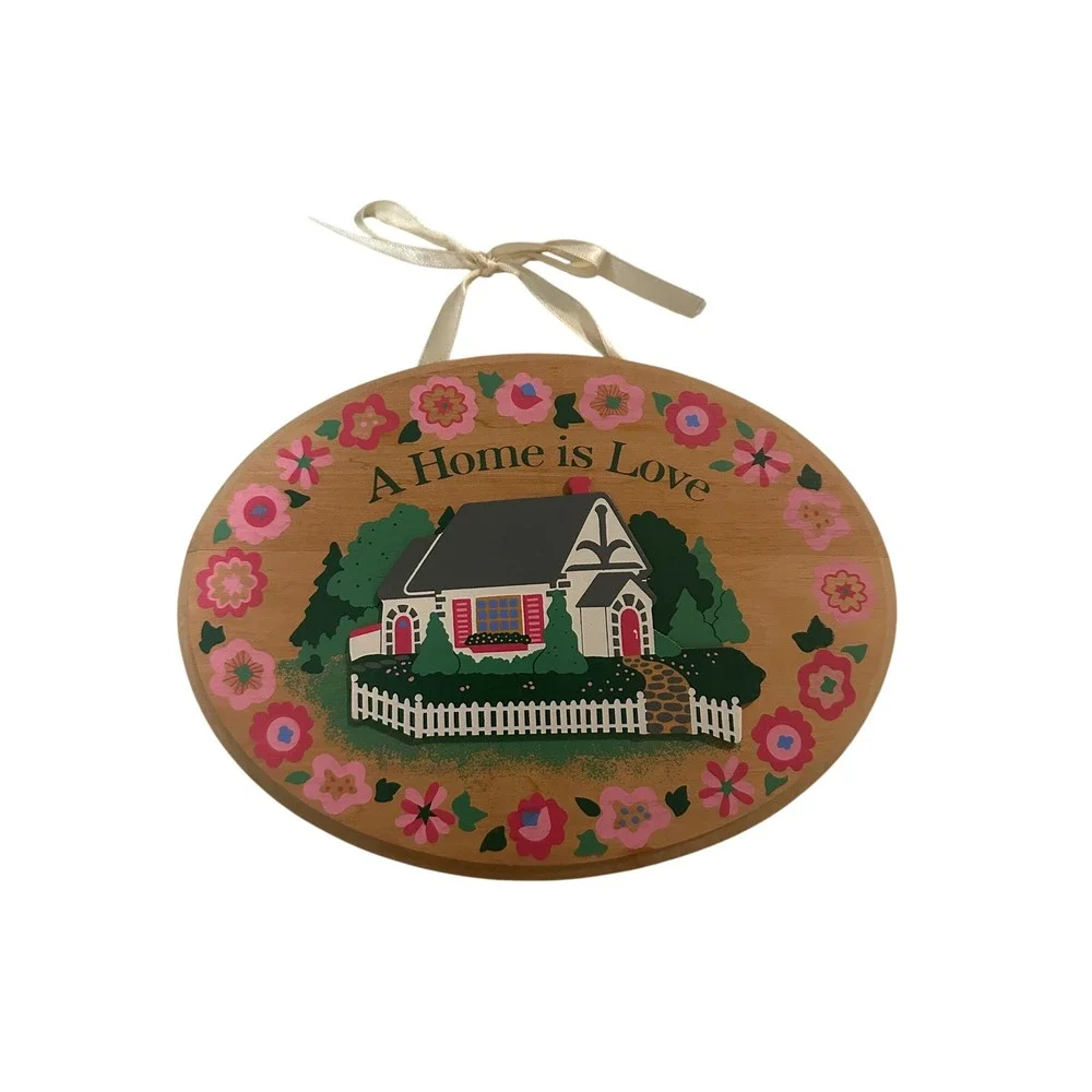 Vintage Cozy A Home is Love Wood Wall Plaque Cottage Floral Oval Sign Decor